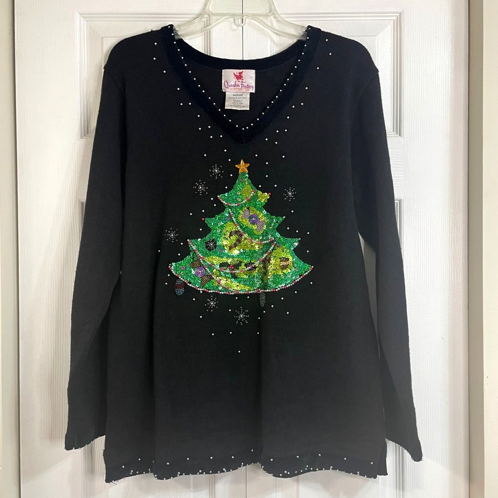 Quacker Factory Womens Beaded Sequin Christmas Tree V Neck Black Sweater Medium - Picture 7 of 11